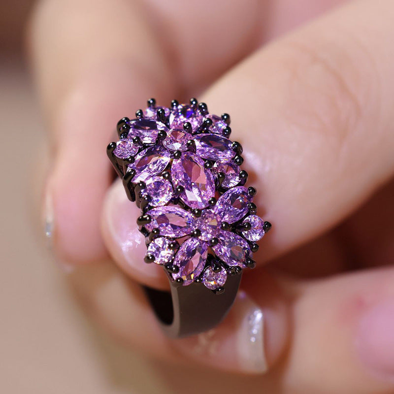 Amethyst Bloom Cluster Black River Plated Ring - AmoreNmore