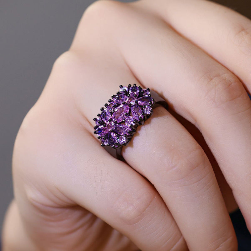 Amethyst Bloom Cluster Black River Plated Ring - AmoreNmore