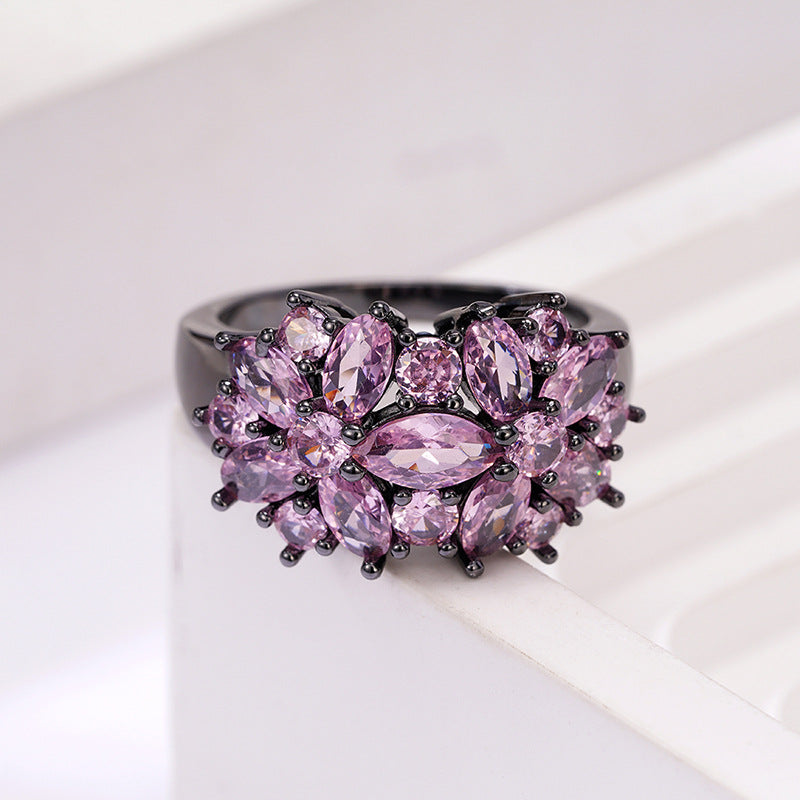 Amethyst Bloom Cluster Black River Plated Ring - AmoreNmore