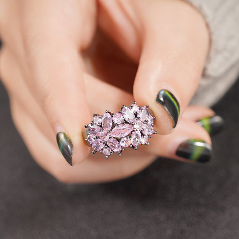 Amethyst Bloom Cluster Black River Plated Ring - AmoreNmore