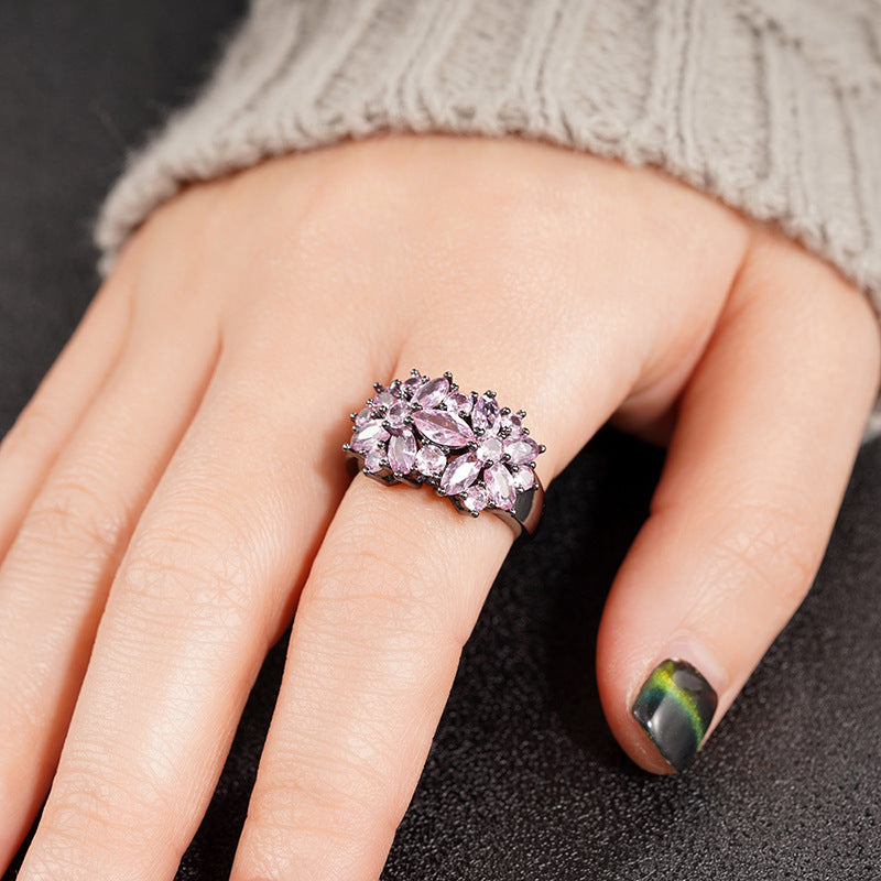 Amethyst Bloom Cluster Black River Plated Ring - AmoreNmore