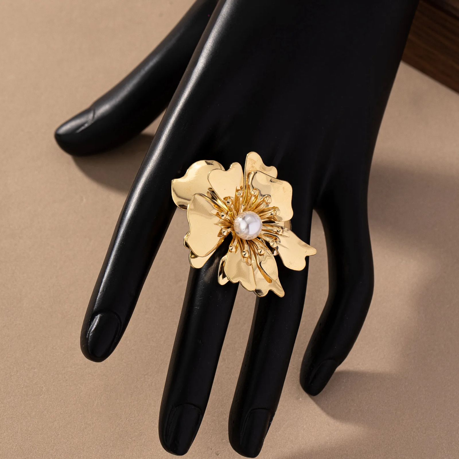 Blooming Elegance Pearl 18K Gold Plated Adjustable Ring - AmoreNmore