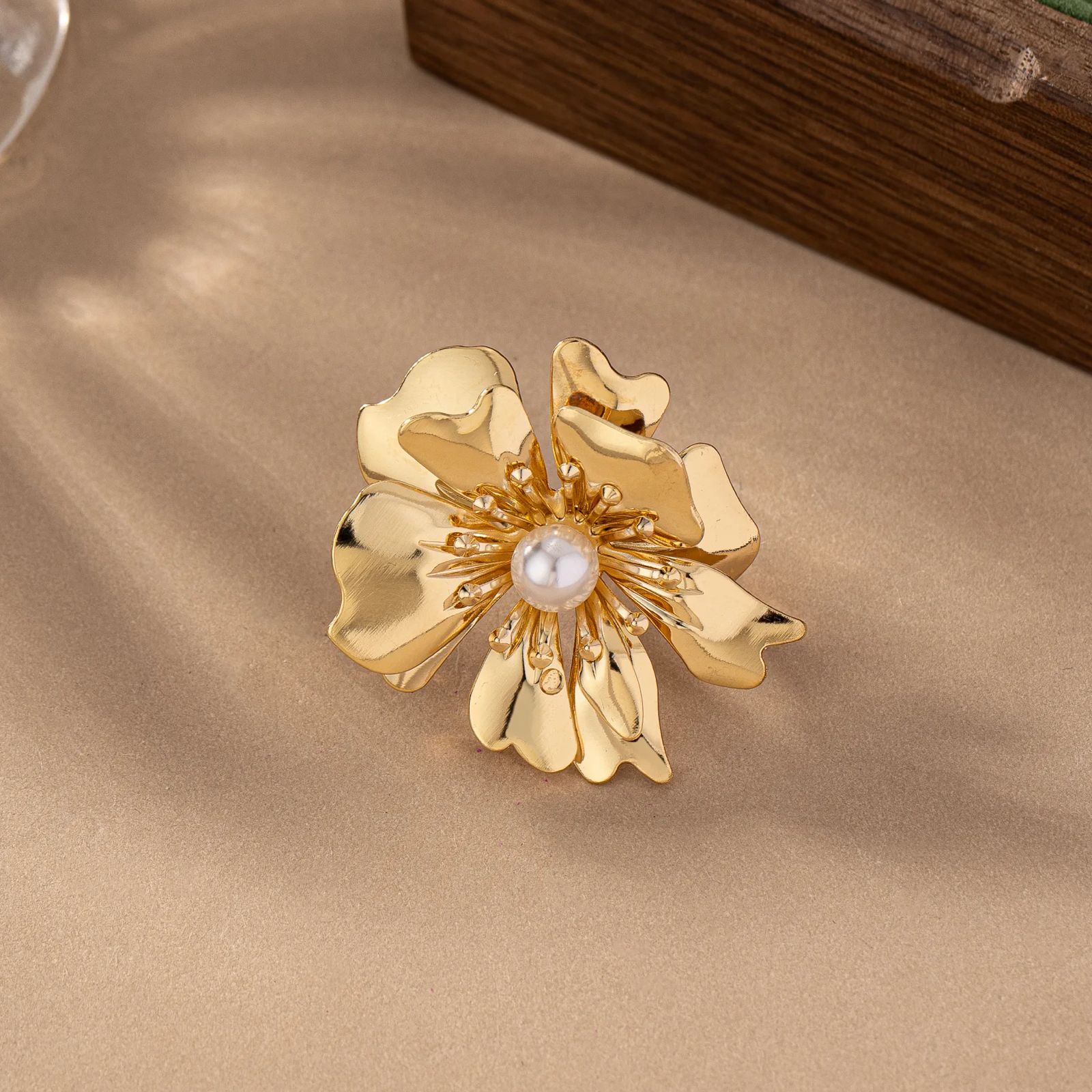 Blooming Elegance Pearl 18K Gold Plated Adjustable Ring - AmoreNmore
