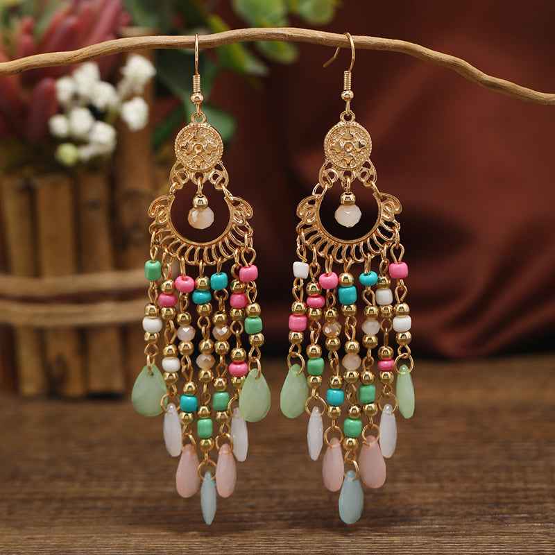 Bohemia Muse | Cascade Charm Drop Earrings | Gold Plated Multi-Bead & Chain Design | Free-Spirited Statement Luxe Earrings