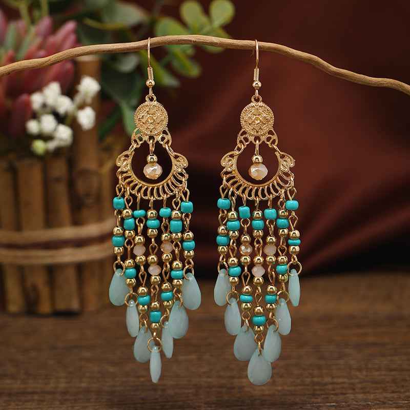 Bohemia Muse | Cascade Charm Drop Earrings | Gold Plated Multi-Bead & Chain Design | Free-Spirited Statement Luxe Earrings