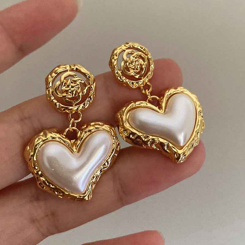 Veloura Charm | Heart Pearl Drop Earrings | Gold Plated Crystal & Pearl Design | Romantic Elegant Luxe Earrings