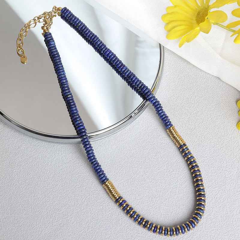 Azure Muse | Luxe Beaded Necklace | Gold Plated Deep Blue Disc Bead Design | Contemporary Statement Luxe Necklace