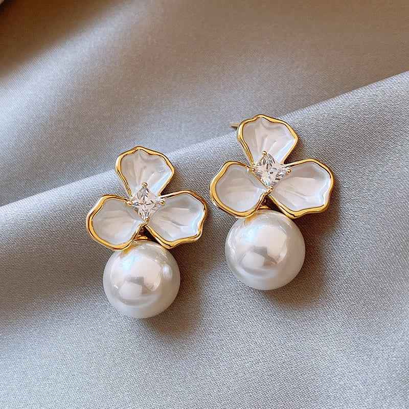 Ivory Grace | Bloom Pearl Drop Earrings | Gold Plated Floral & Pearl Design | Elegant Timeless Luxe Earrings