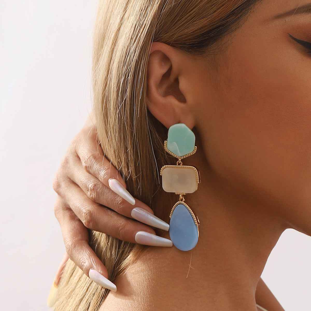 Celestia Muse | Pastel Drop Statement Earrings | Gold Plated Multi-Stone Geometric Design | Soft Elegant Luxe Earrings