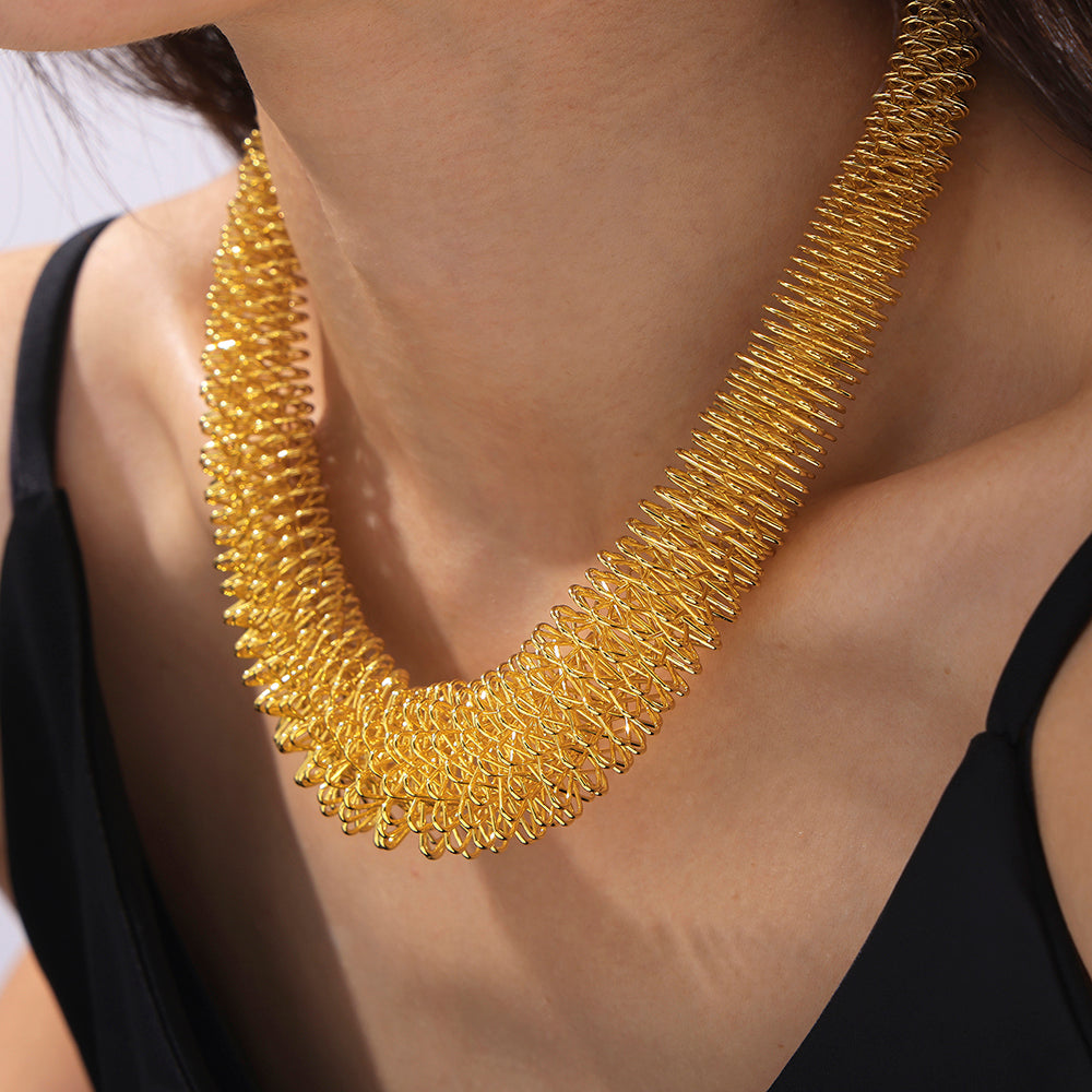 Gilded Flow | Mesh Statement Necklace | Gold Plated Woven Texture Design | Bold Contemporary Luxe Necklace