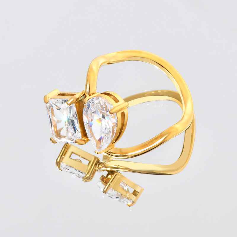 Celestia | Duo Crystal Ring | Pear Cut And Princess Cut Crystals Gold Tone | Two Crystals Gold Tone | Elegant Modern Ring