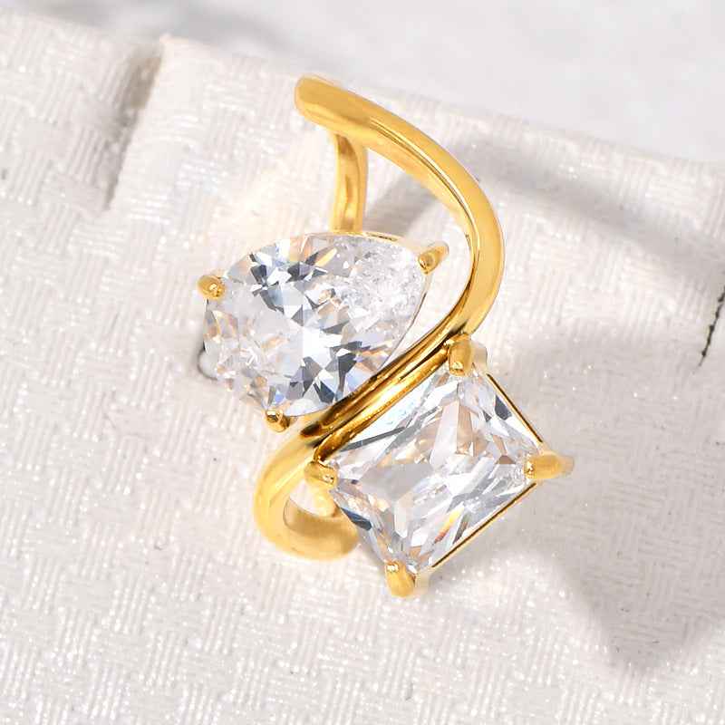Celestia | Duo Crystal Ring | Pear Cut And Princess Cut Crystals Gold Tone | Two Crystals Gold Tone | Elegant Modern Ring