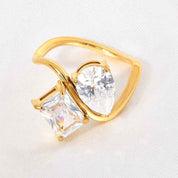 Celestia | Duo Crystal Ring | Pear Cut And Princess Cut Crystals Gold Tone | Two Crystals Gold Tone | Elegant Modern Ring