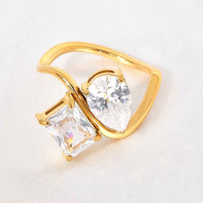 Celestia | Duo Crystal Ring | Pear Cut And Princess Cut Crystals Gold Tone | Two Crystals Gold Tone | Elegant Modern Ring