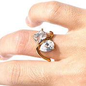 Celestia | Duo Crystal Ring | Pear Cut And Princess Cut Crystals Gold Tone | Two Crystals Gold Tone | Elegant Modern Ring