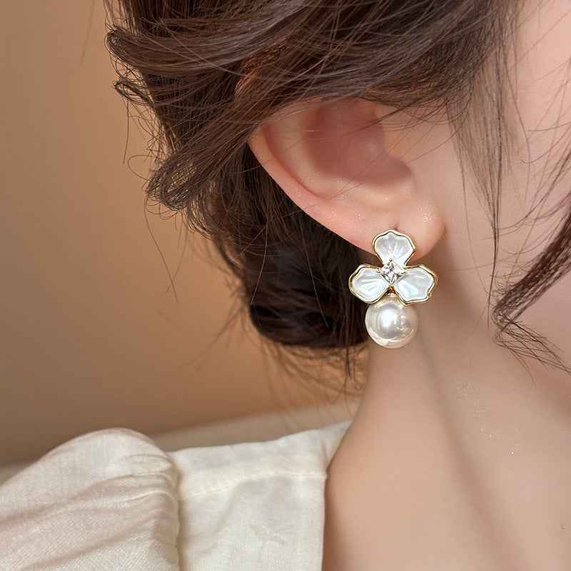 Ivory Grace | Bloom Pearl Drop Earrings | Gold Plated Floral & Pearl Design | Elegant Timeless Luxe Earrings