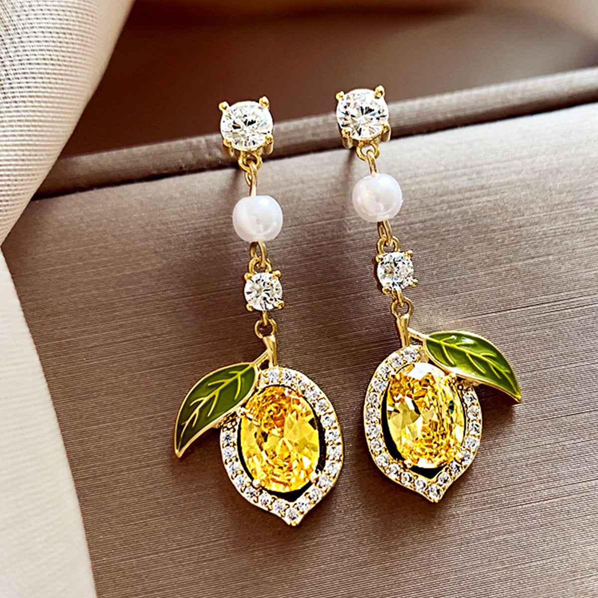 Citrus Aura | Crystal Drop Earrings | Gold Plated Lemon Motif with Crystal & Pearl Detailing | Fresh Statement Luxe Earrings