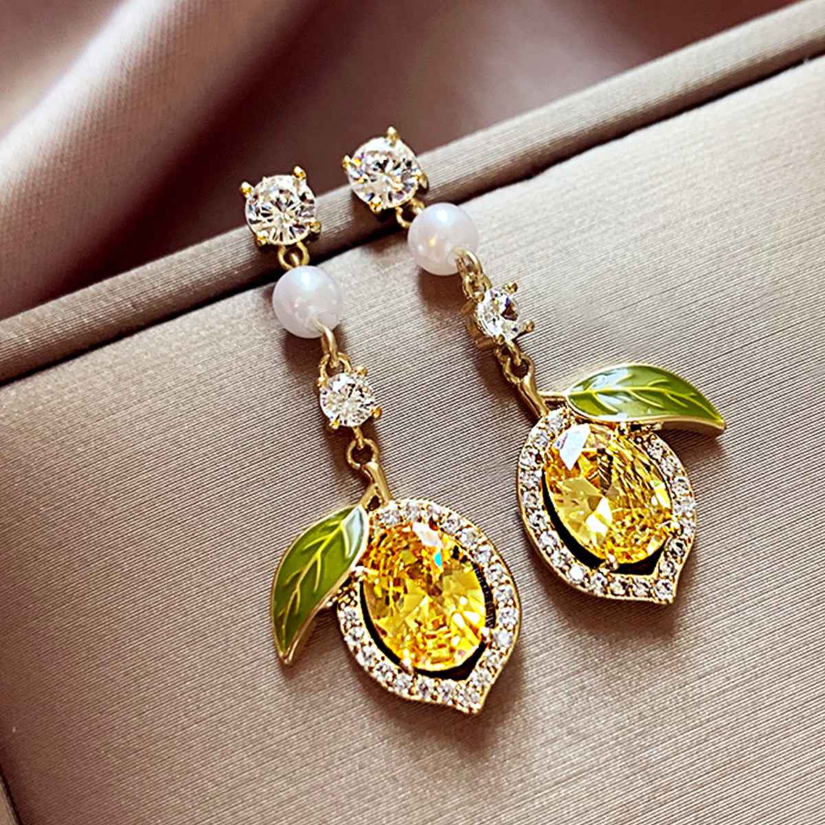 Citrus Aura | Crystal Drop Earrings | Gold Plated Lemon Motif with Crystal & Pearl Detailing | Fresh Statement Luxe Earrings