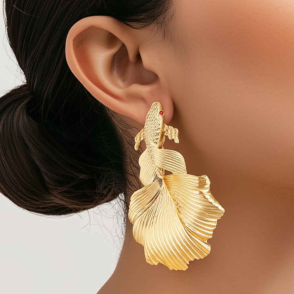 Aurelia Drift | Koi Cascade Statement Earrings | Gold Plated Sculpted Fish Motif with Layered Detailing | Artistic Luxe Statement Earrings