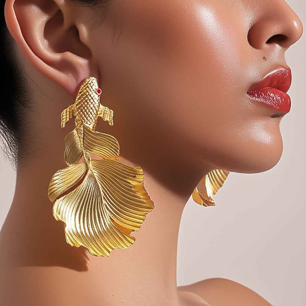 Aurelia Drift | Koi Cascade Statement Earrings | Gold Plated Sculpted Fish Motif with Layered Detailing | Artistic Luxe Statement Earrings