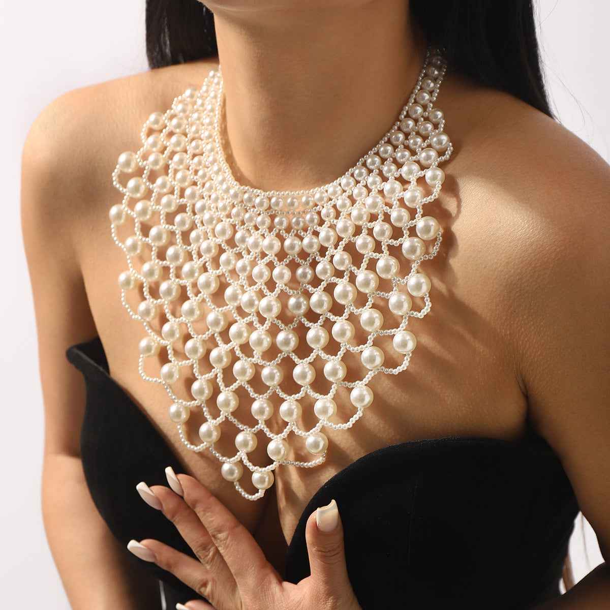 Celestia Veil | Pearl Net Statement Necklace | Multi-Layer Pearl Mesh Design | Regal Occasion Luxe Necklace