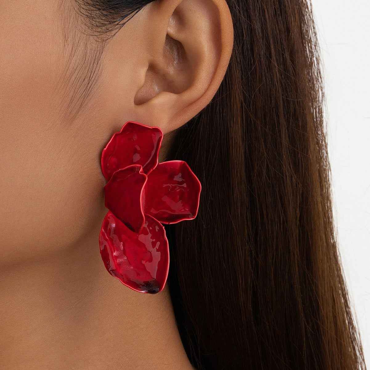 Crimson Bloom | Petal Statement Earrings | Gold Plated Sculpted Floral Design | Bold Contemporary Luxe Earrings