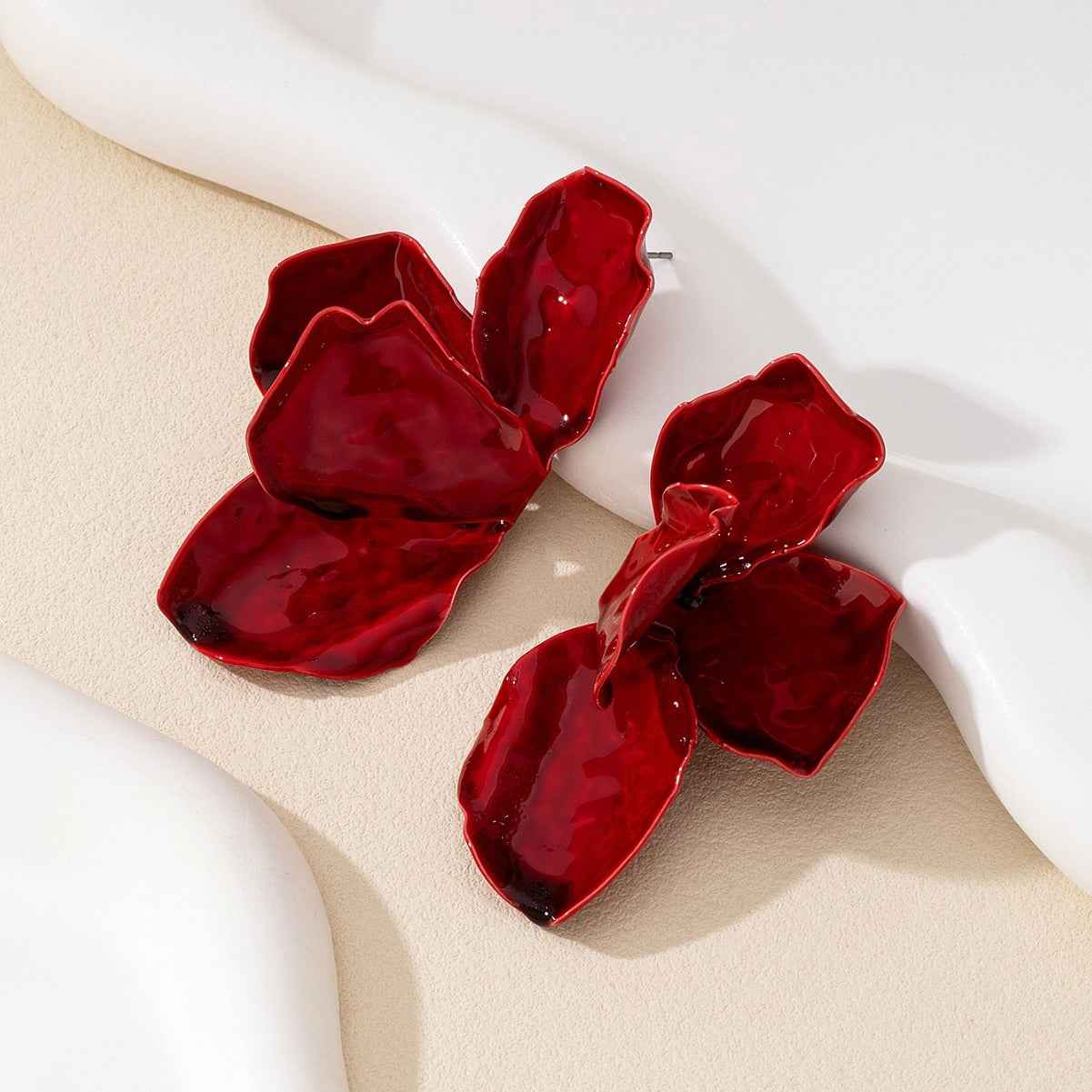 Crimson Bloom | Petal Statement Earrings | Gold Plated Sculpted Floral Design | Bold Contemporary Luxe Earrings