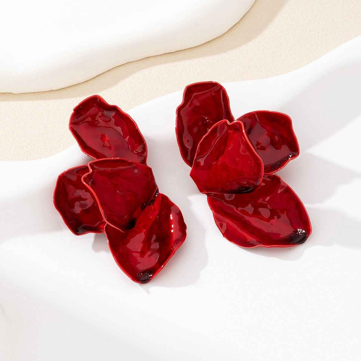 Crimson Bloom | Petal Statement Earrings | Gold Plated Sculpted Floral Design | Bold Contemporary Luxe Earrings