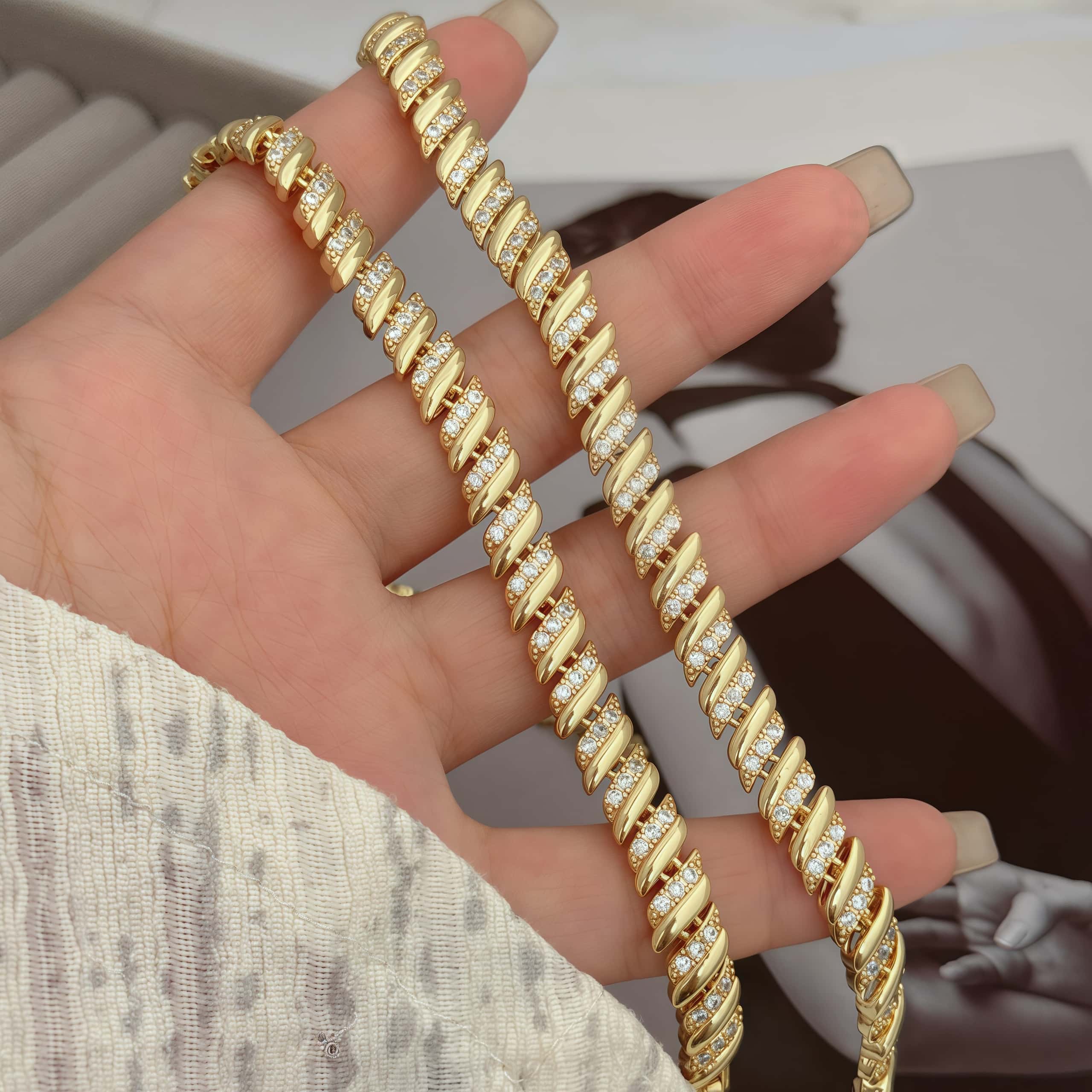 Aurelia Radiance | Twist Zircon Necklace & Bracelet Set | Gold Plated Twisted Design with Crystal Detailing | Coordinated Occasion Luxe Set