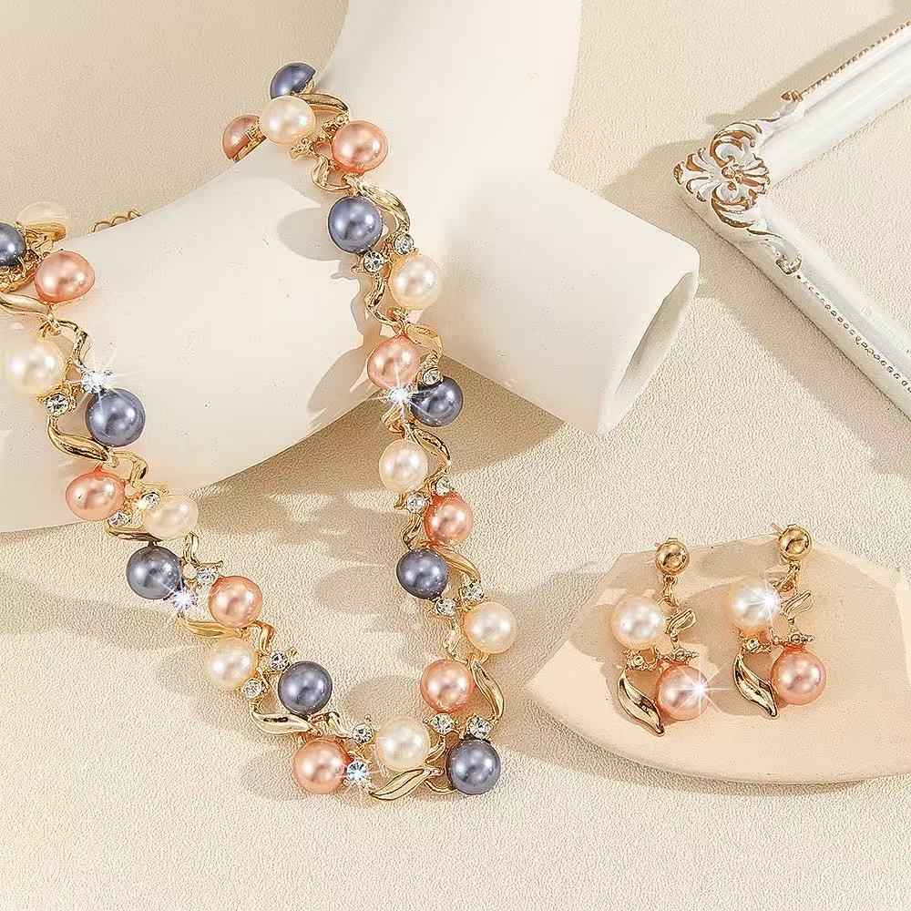 Blush Royale | Pearl Elegance Necklace & Earring Set | Gold Plated Multi-Tone Pearl Design | Sophisticated Occasion Luxe Set