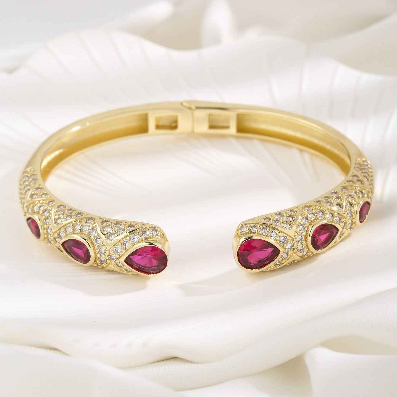 Crimson Royale | Crescent Luxe Bracelet | Gold Plated Ruby Stone Detailing | Bold Festive Statement Bracelet