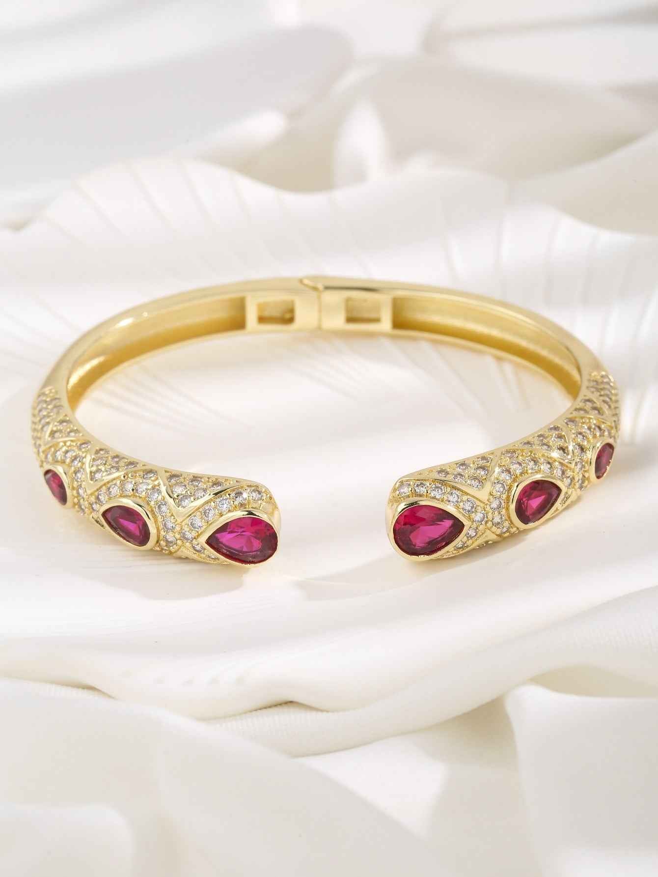 Crimson Royale | Crescent Luxe Bracelet | Gold Plated Ruby Stone Detailing | Bold Festive Statement Bracelet