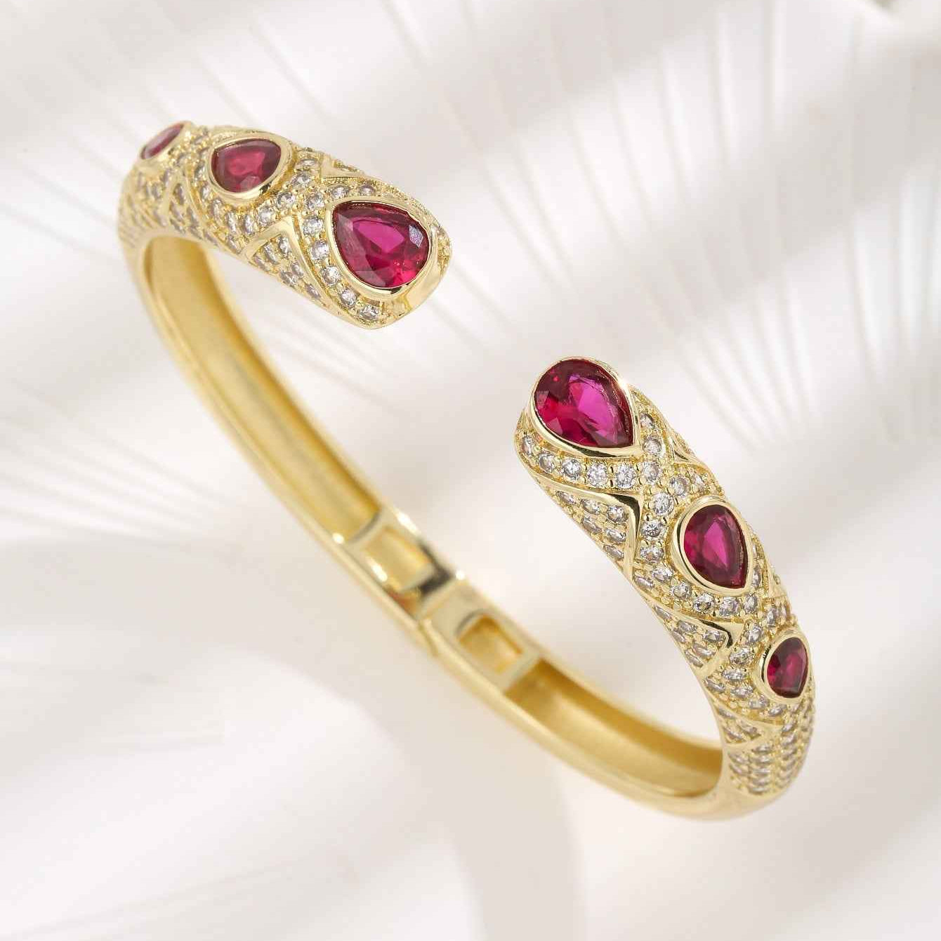 Crimson Royale | Crescent Luxe Bracelet | Gold Plated Ruby Stone Detailing | Bold Festive Statement Bracelet