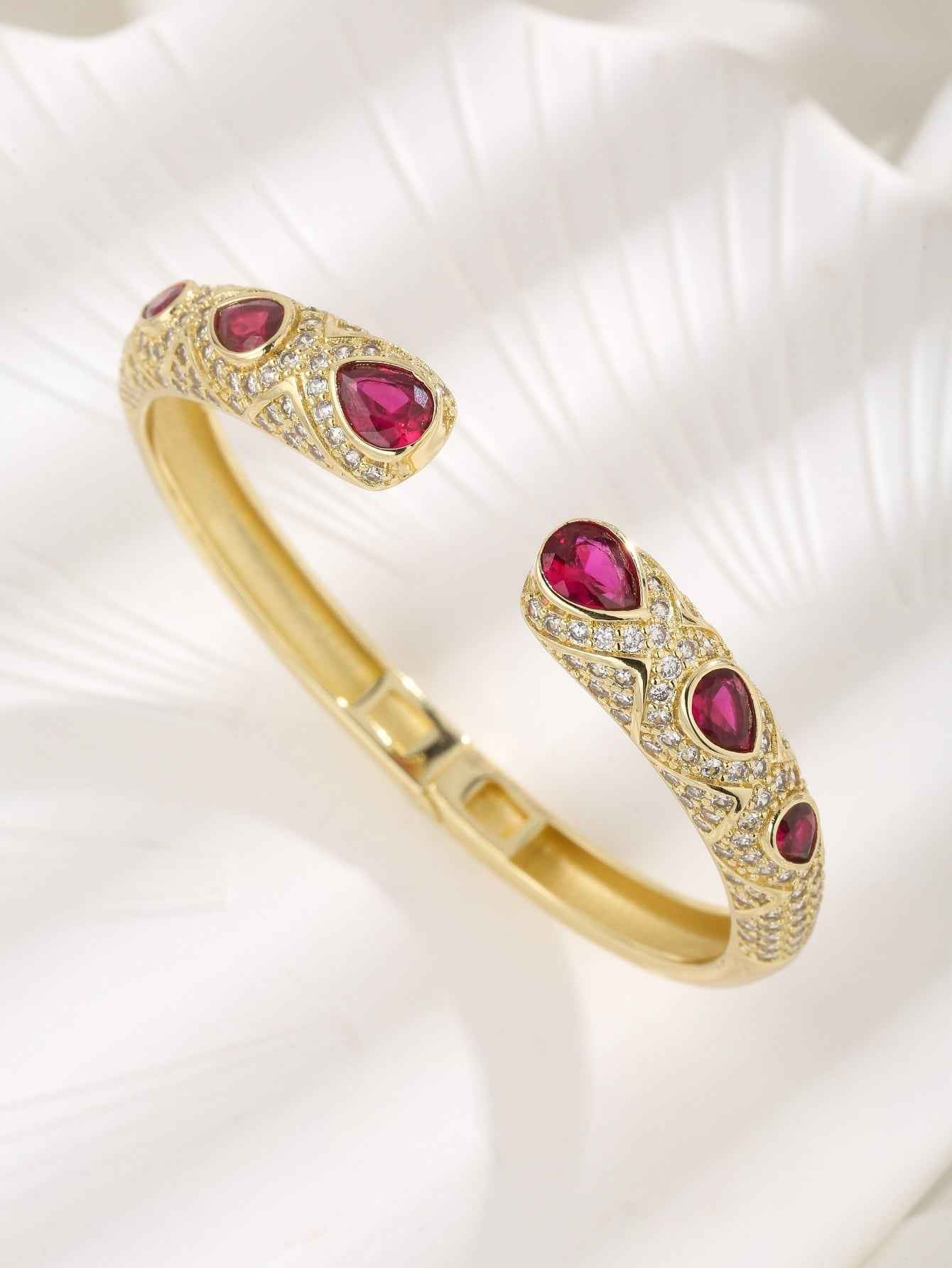Crimson Royale | Crescent Luxe Bracelet | Gold Plated Ruby Stone Detailing | Bold Festive Statement Bracelet