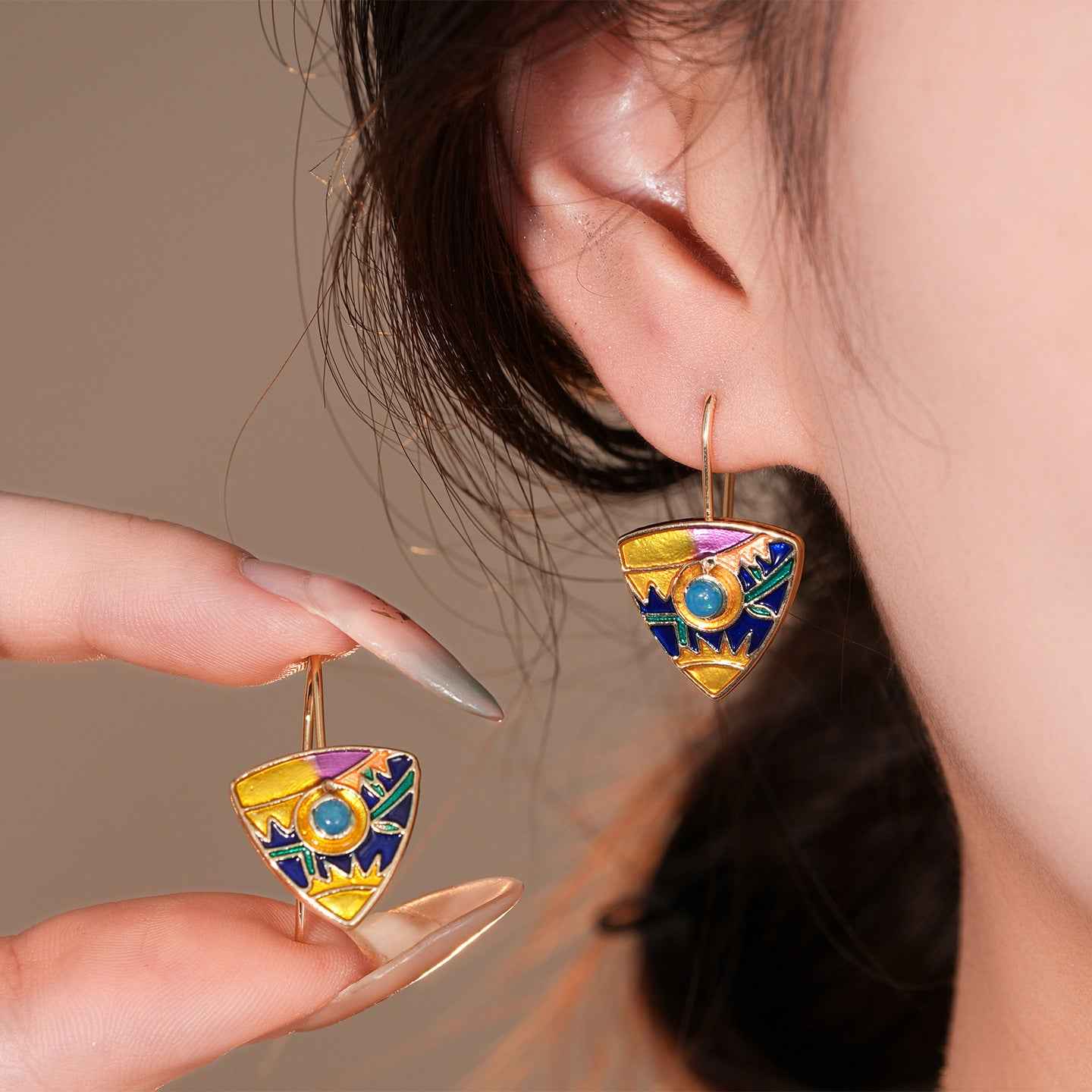 Aurora Edge | Prism Geometric Drop Earrings | Gold Plated Enamel & Crystal Triangle Design | Contemporary Statement Luxe Earrings