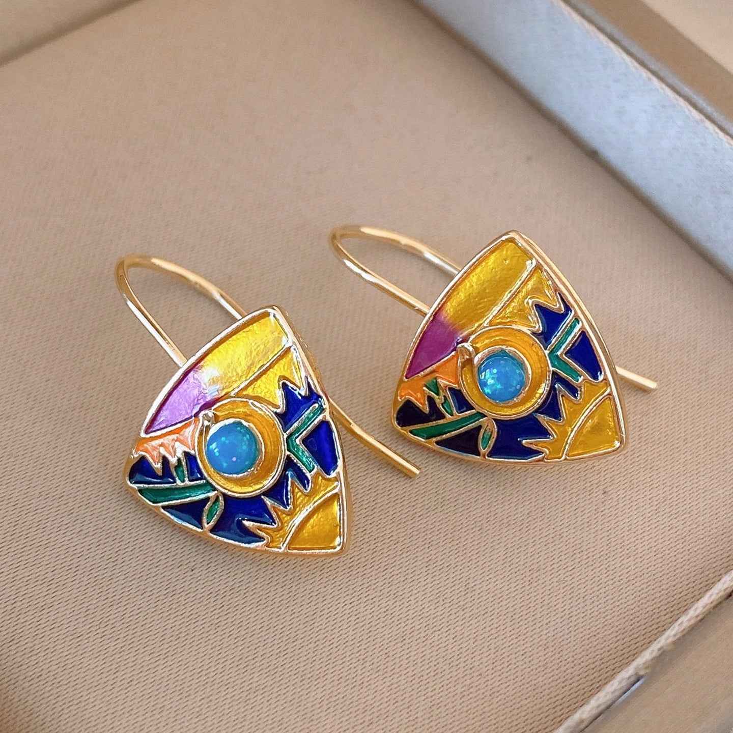 Aurora Edge | Prism Geometric Drop Earrings | Gold Plated Enamel & Crystal Triangle Design | Contemporary Statement Luxe Earrings