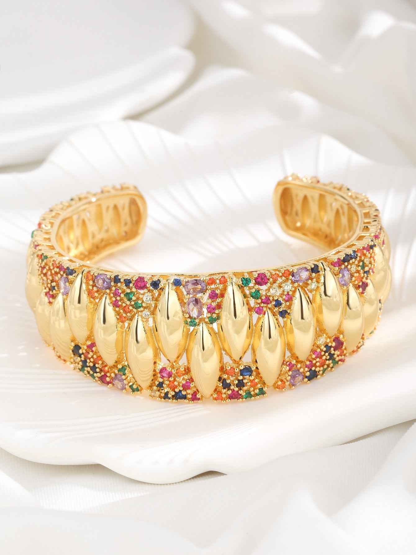 Aurielle Prism | Luxe Cuff Bracelet | Gold Plated Multicolor Crystal Detailing | Contemporary Statement Bracelet