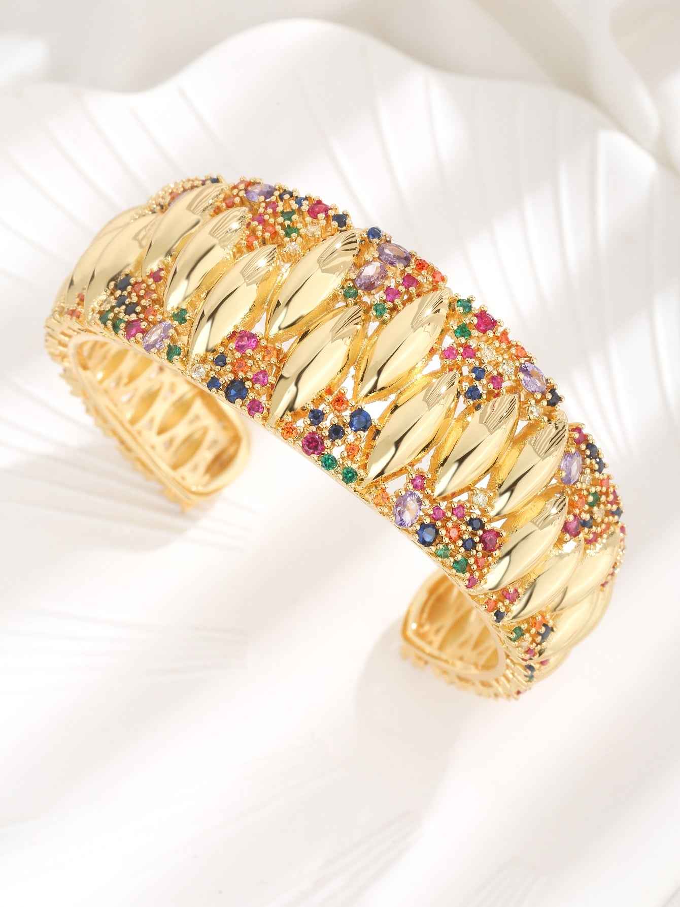 Aurielle Prism | Luxe Cuff Bracelet | Gold Plated Multicolor Crystal Detailing | Contemporary Statement Bracelet