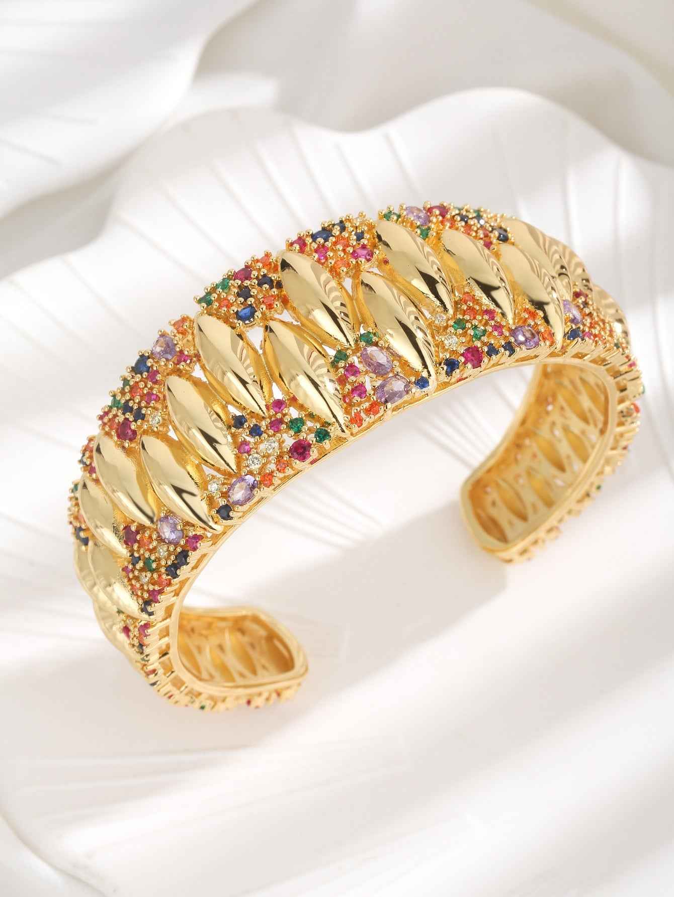 Aurielle Prism | Luxe Cuff Bracelet | Gold Plated Multicolor Crystal Detailing | Contemporary Statement Bracelet