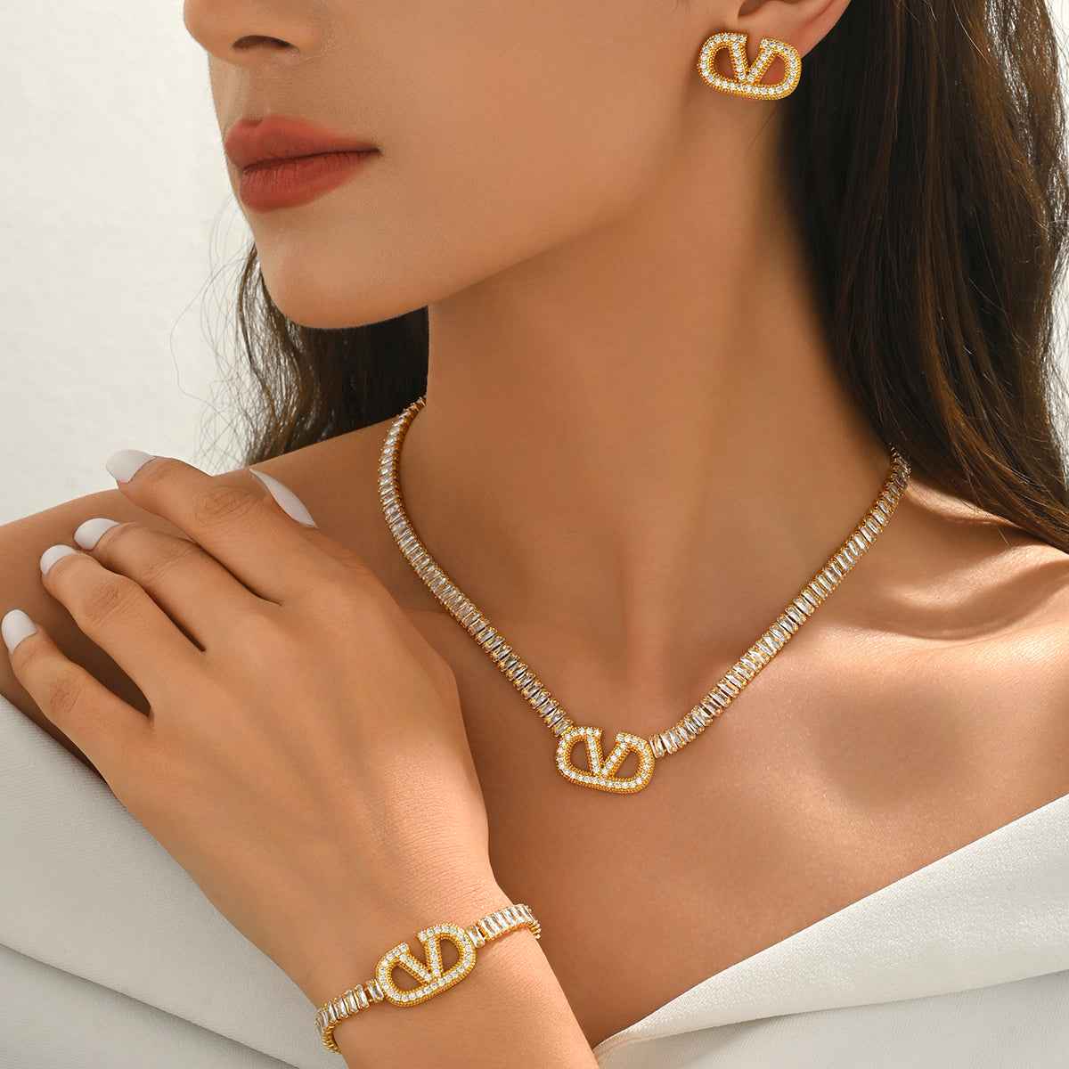 Celestia Signature | Luxe Zircon Necklace, Bracelet & Earring Set | Gold Plated Crystal Emblem Design | Complete Occasion Luxe Set