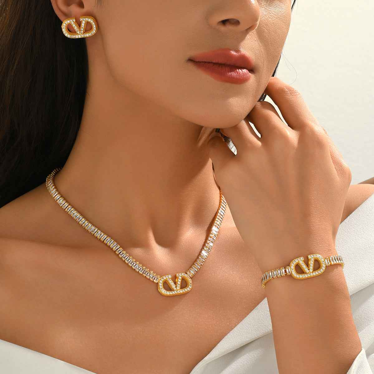 Celestia Signature | Luxe Zircon Necklace, Bracelet & Earring Set | Gold Plated Crystal Emblem Design | Complete Occasion Luxe Set