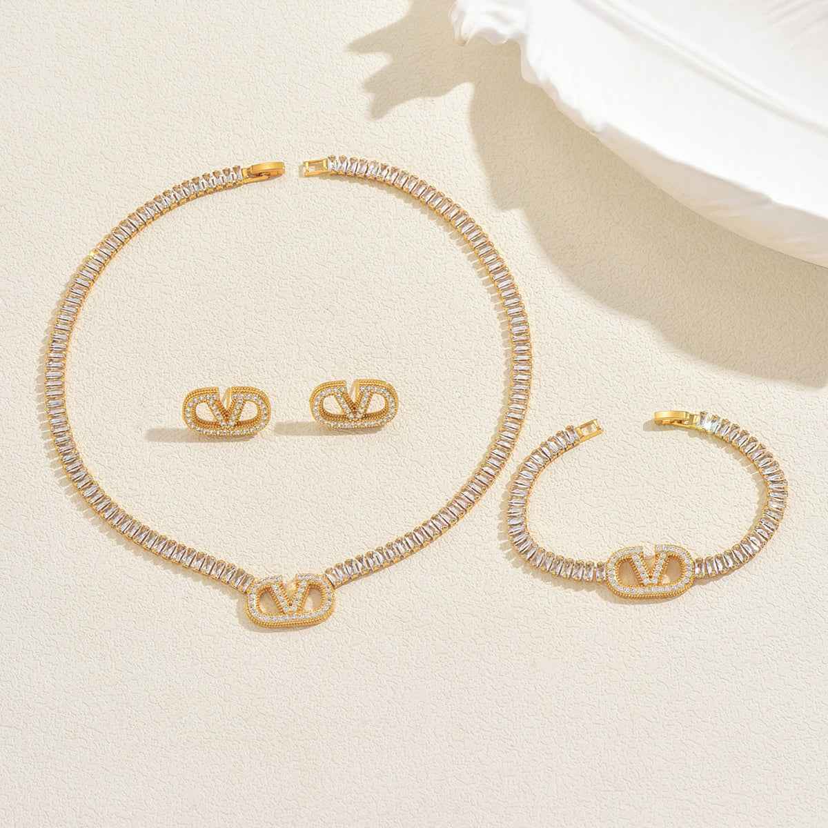 Celestia Signature | Luxe Zircon Necklace, Bracelet & Earring Set | Gold Plated Crystal Emblem Design | Complete Occasion Luxe Set
