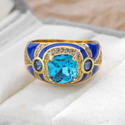 Azure Crown | Radiance Ring | Cushion-Cut Sky Blue Crystal Centerpiece | Dazzling Luminous Sparkle