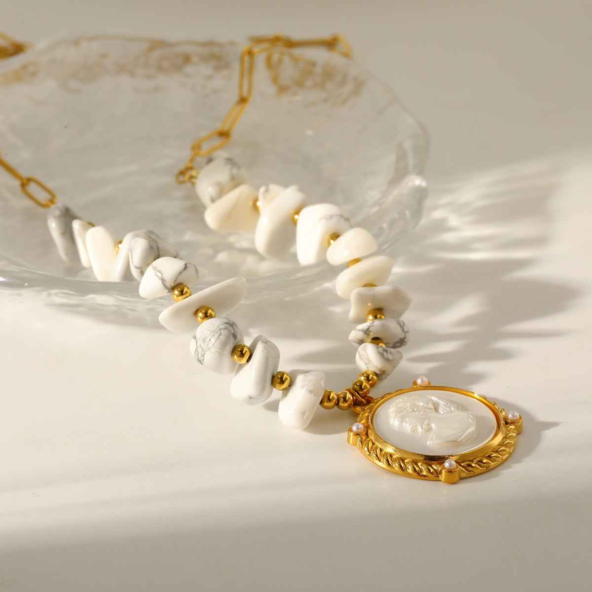 Ivory Muse | Cameo Necklace | Gold Plated Vintage Portrait Pendant with Pearl Beads | Classic Heritage Luxe Necklace