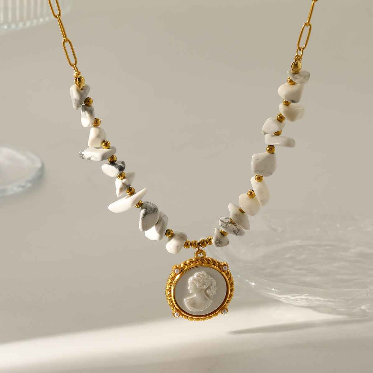 Ivory Muse | Cameo Necklace | Gold Plated Vintage Portrait Pendant with Pearl Beads | Classic Heritage Luxe Necklace