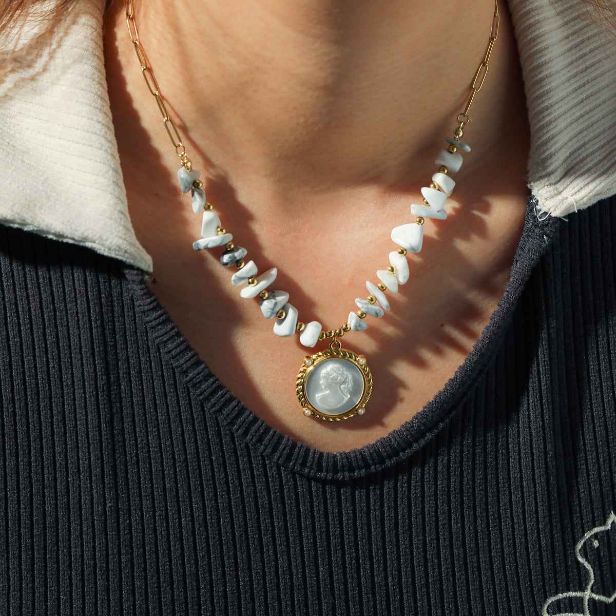 Ivory Muse | Cameo Necklace | Gold Plated Vintage Portrait Pendant with Pearl Beads | Classic Heritage Luxe Necklace