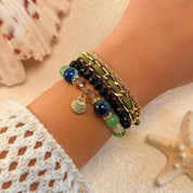 Oceanica Muse | Charm Layered Bracelet Set | Gold Plated Multi-Bead & Shell Detailing | Boho Coastal Statement Bracelet Set
