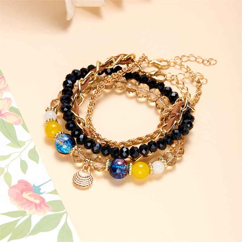 Oceanica Muse | Charm Layered Bracelet Set | Gold Plated Multi-Bead & Shell Detailing | Boho Coastal Statement Bracelet Set