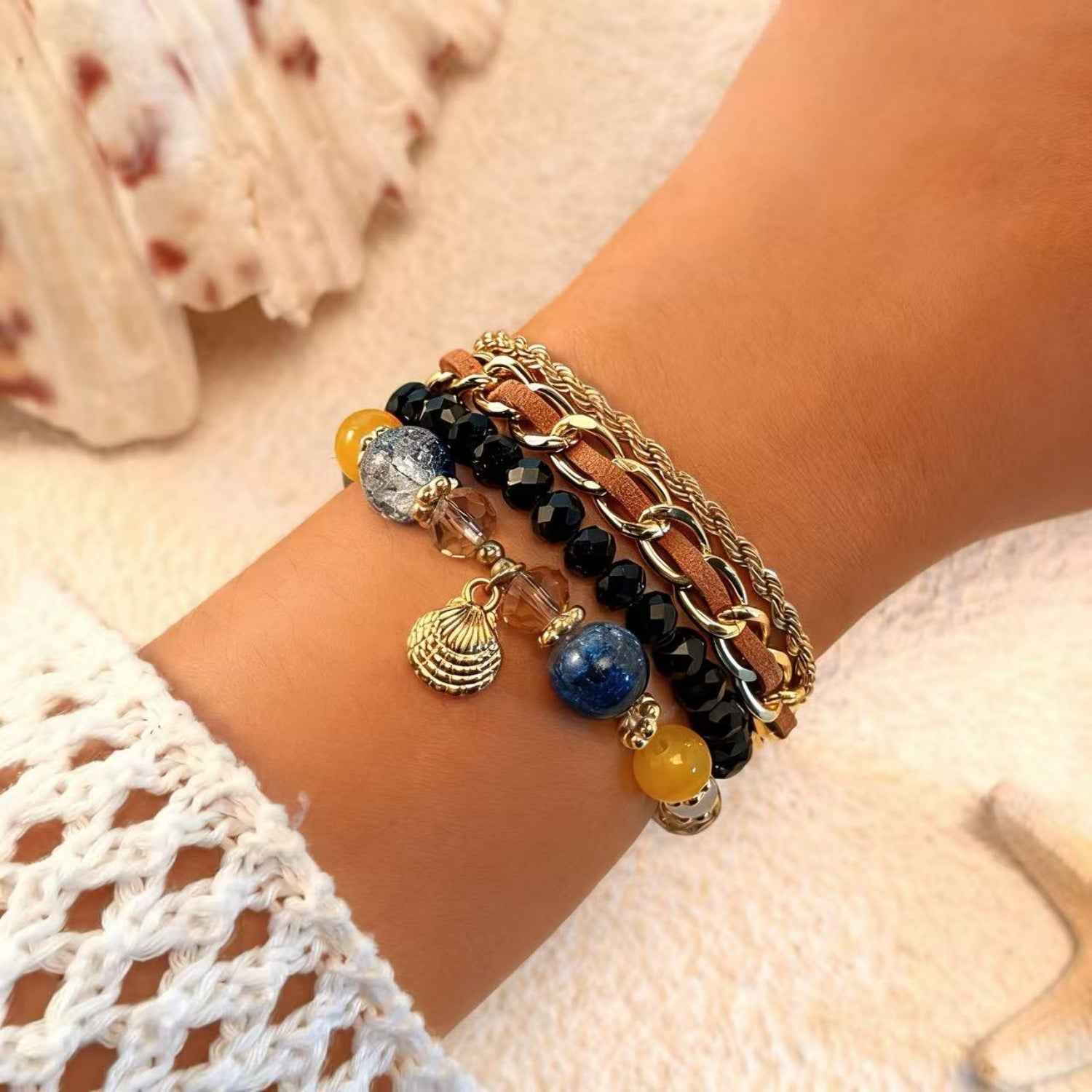 Oceanica Muse | Charm Layered Bracelet Set | Gold Plated Multi-Bead & Shell Detailing | Boho Coastal Statement Bracelet Set