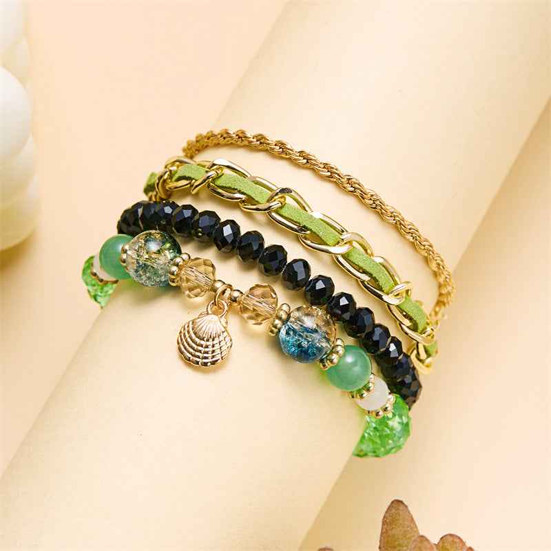 Oceanica Muse | Charm Layered Bracelet Set | Gold Plated Multi-Bead & Shell Detailing | Boho Coastal Statement Bracelet Set